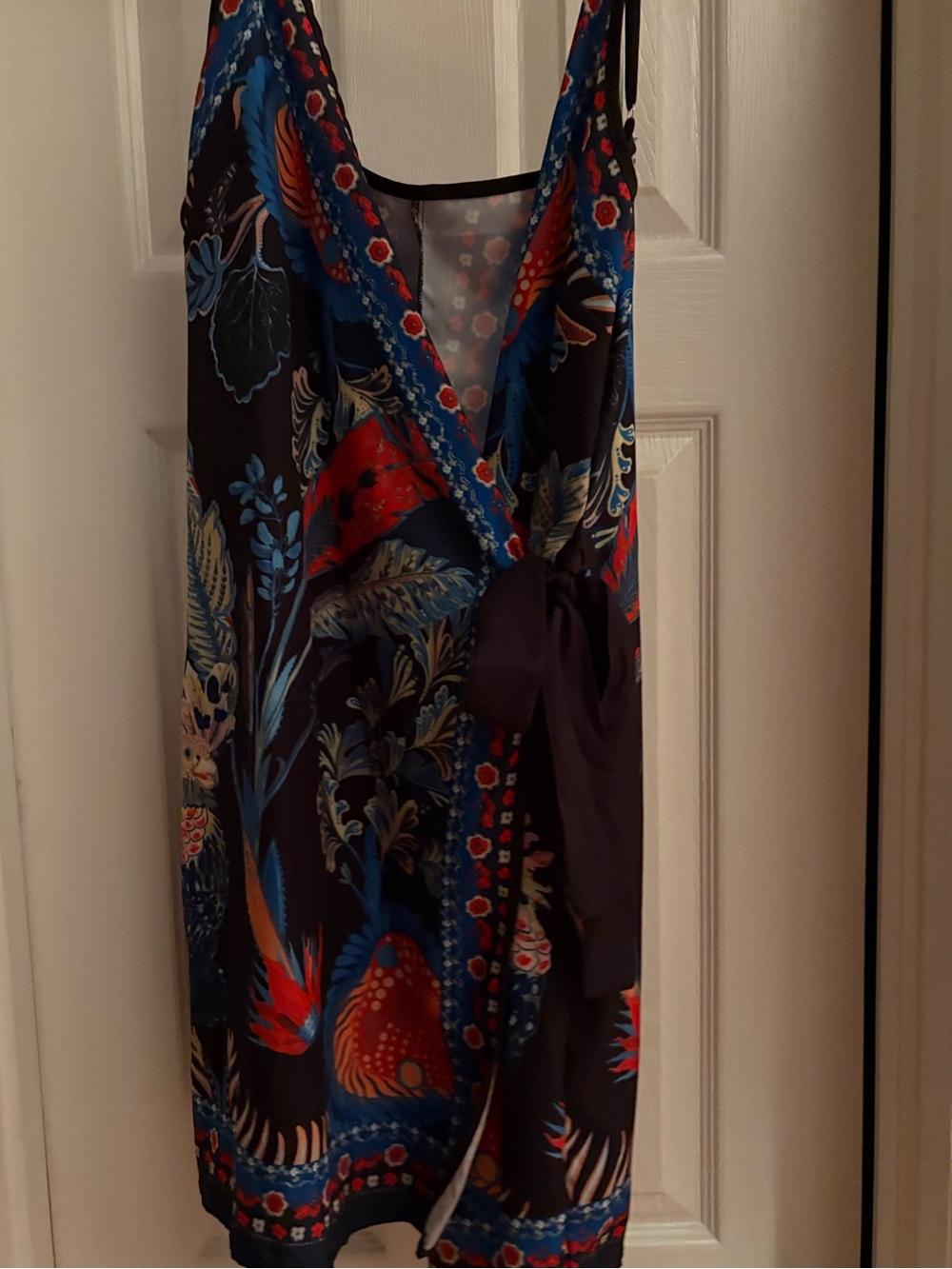 Floral Wrap Side Tie Dress in Navy with Red & Blue Accents